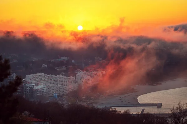 Панорамний Захід Сонця Над Пляжем Морем Варні Болгарія Cityscape Air — стокове фото