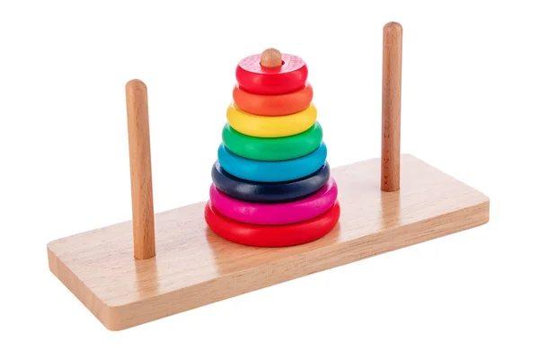 Wooden Puzzle Tower Hanoi Color Rings Isolated White Background Toy — Stockfoto
