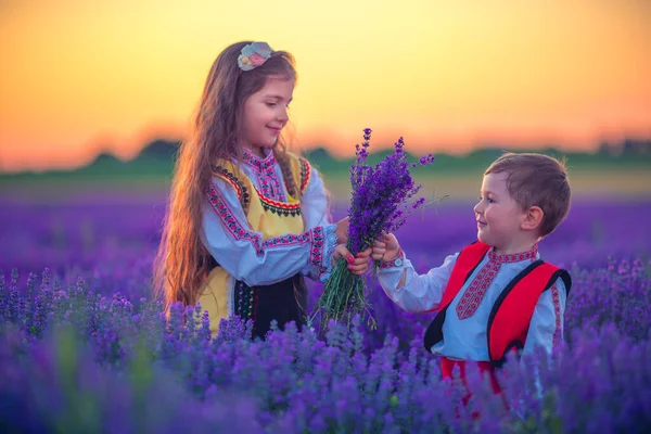 Portrét Chlapce Dívky Tradičním Bulharském Folklórním Kostýmu Levandulovém Poli Při — Stock fotografie