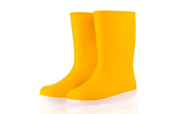 Botas Borracha Amarelas Isoladas Fundo Branco Crianças Sapatos — Fotografia de Stock