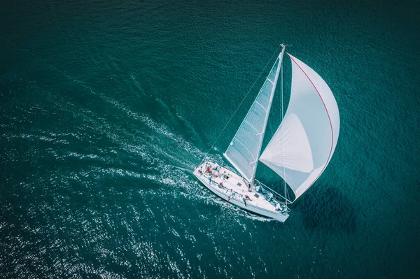 Regatta Sailing Ship Yachts White Sails Opened Sea Aerial View — Stock Photo, Image