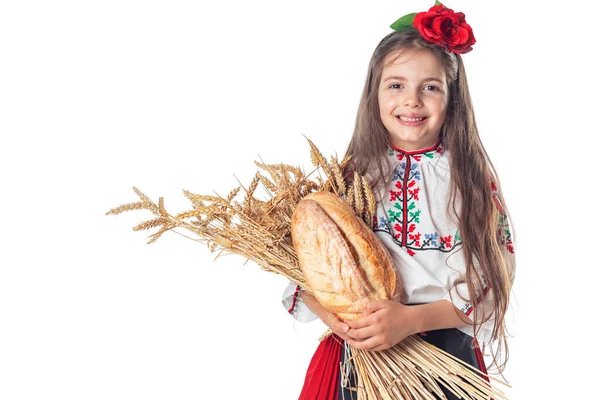 Geleneksel Bulgar Folklor Elbisesi Içinde Yapımı Ekmek Altın Buğday Taşıyan — Stok fotoğraf