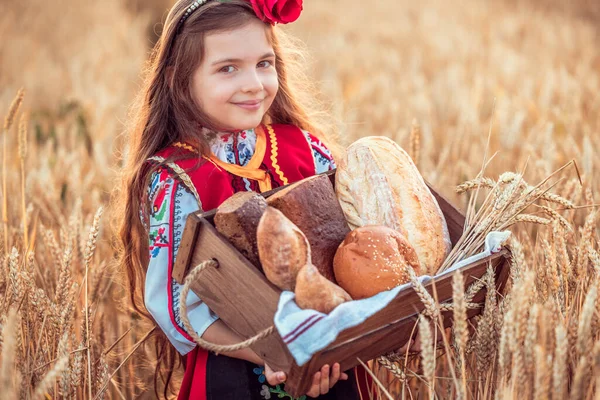 Beautiful Girl Woman Traditional Bulgarian Folklore Dress Holding Wicker Basket — 스톡 사진