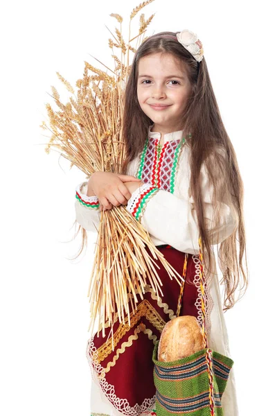 Bulgarian Woman Young Girl Traditional Folklore Dress Holds Hands Golden — Stockfoto