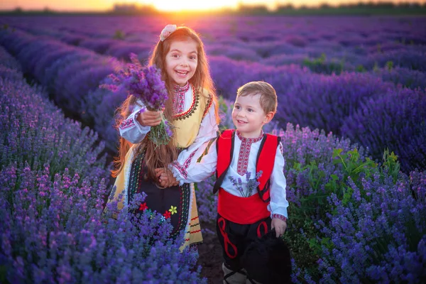 Retrato Niños Niño Niña Traje Tradicional Folclore Búlgaro Campo Lavanda —  Fotos de Stock