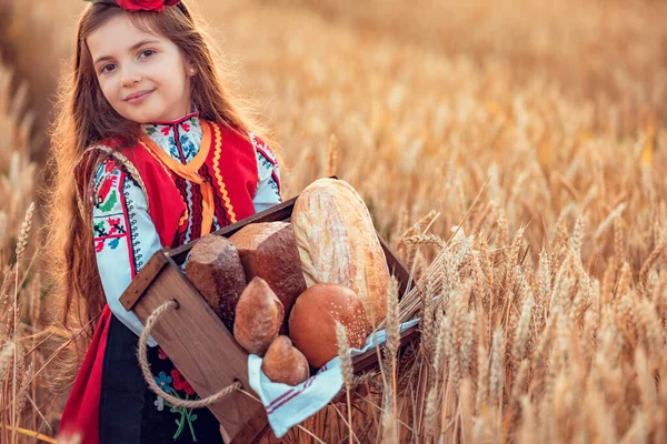 Bulgarian Woman Folklore Dress Holds Basket Bread Wheat Field — 图库照片