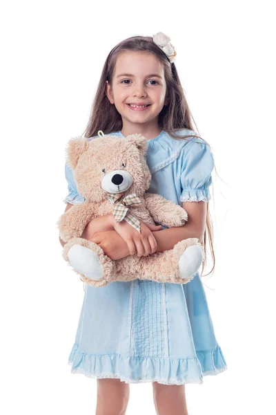 Menina Bonita Feliz Com Seu Brinquedo Favorito Urso Pelúcia Amigo — Fotografia de Stock