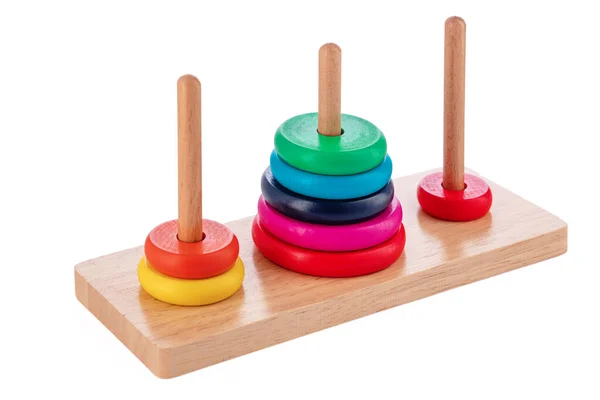 Wooden Puzzle Tower Hanoi Color Rings Isolated White Background Toy — Stock Photo, Image
