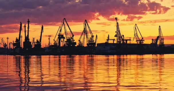 Zonsondergang Boven Industriële Kranen Zeehaven Varna Bulgarije Landschappelijk Uitzicht Stad — Stockvideo