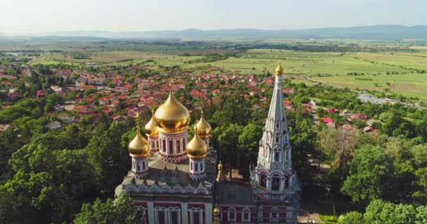 Shipka Memorial Russian Church Town Shipka Bulgaria Aerial Drone View — стокове відео