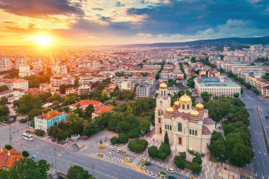 Aerial view of The Cathedral of the Assumption in Varna, Bulgaria. Panoramic landscape of city downtown.