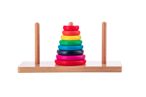 Wooden Puzzle Tower Hanoi Color Rings Isolated White Background Toy — Stockfoto