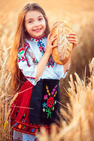 Гарна Дівчина Традиційному Болгарському Фольклорному Вбранні Тримає Хліб Полі Пшениці — стокове фото