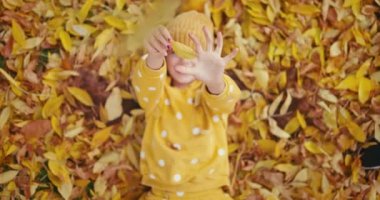Happy little kid, young girl laughing and playing with falling autumn leaves in park