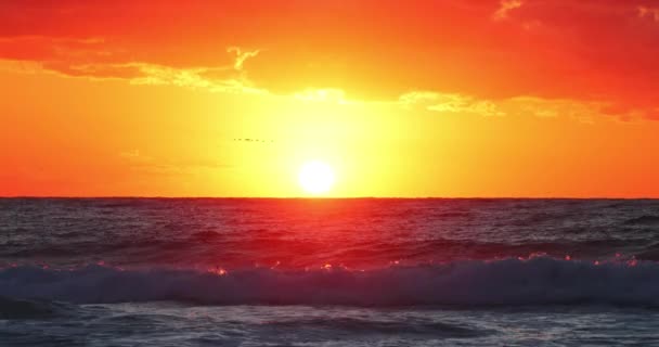 Ocean Beach Sunrise Orange Sky Clouds Burning Sun Rays Sea — Stockvideo