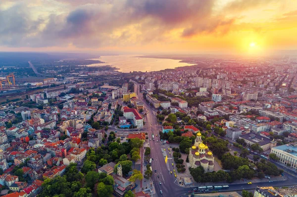 The Cathedral of the Assumption in Varna, Bulgaria. Aerial view of downtown and sea.