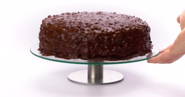 Baker Rotate Tasty Chocolate Cake Isolated White Background Rotation Video — Stockvideo