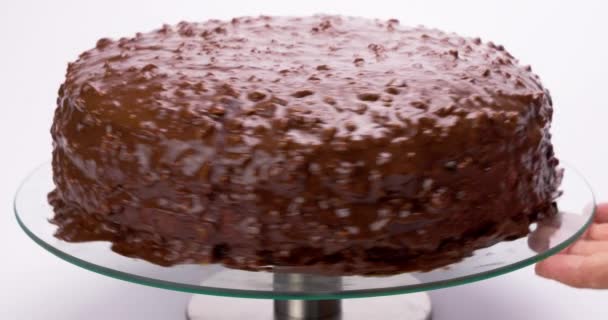 Baker Rotation Tasty Chocolate Cake Isolated White Background Video — Videoclip de stoc