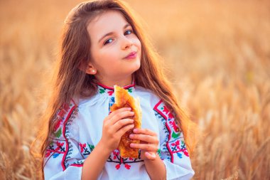 Bulgarian girl, beautiful woman, eating freshly baked banitsa, cheese pie during harvest In golden wheat field 
