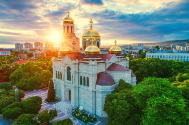 The Cathedral of the Assumption in Varna, Aerial view of the center and Black sea.
