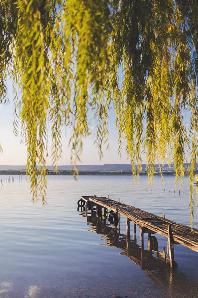 Sunset Sea Lake Old Wooden Pier Romantic Travel Destination Nature — Stockfoto