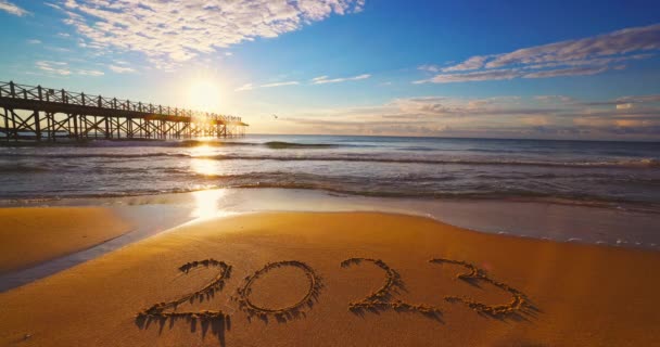 Frohes Neues Jahr 2023 Konzept Schriftzug Strand Geschriebener Text Strand — Stockvideo