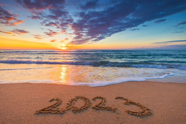 Šťastný Nový Rok 2023 Koncept Nápisy Pláži Písemný Text Mořské — Stock fotografie