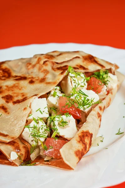 Pancakes with cheese and vegetables — Stock Photo, Image