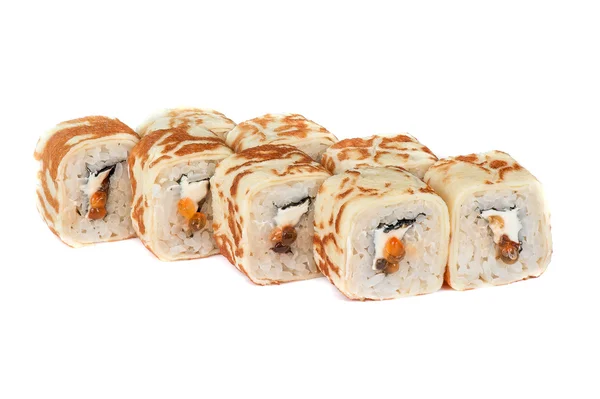 Pancake sushi rolls with red caviar — Stock Photo, Image
