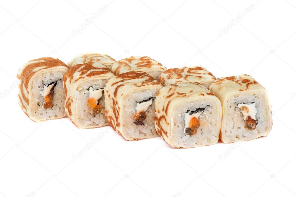 Pancake sushi rolls with red caviar