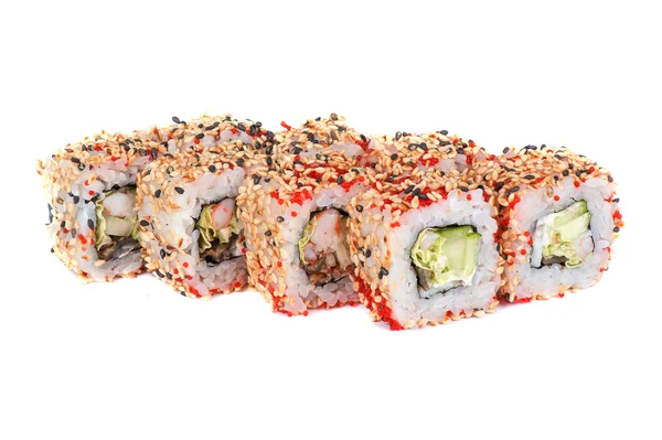 Rollos de sushi con aguacate de sésamo y camarones — Foto de Stock