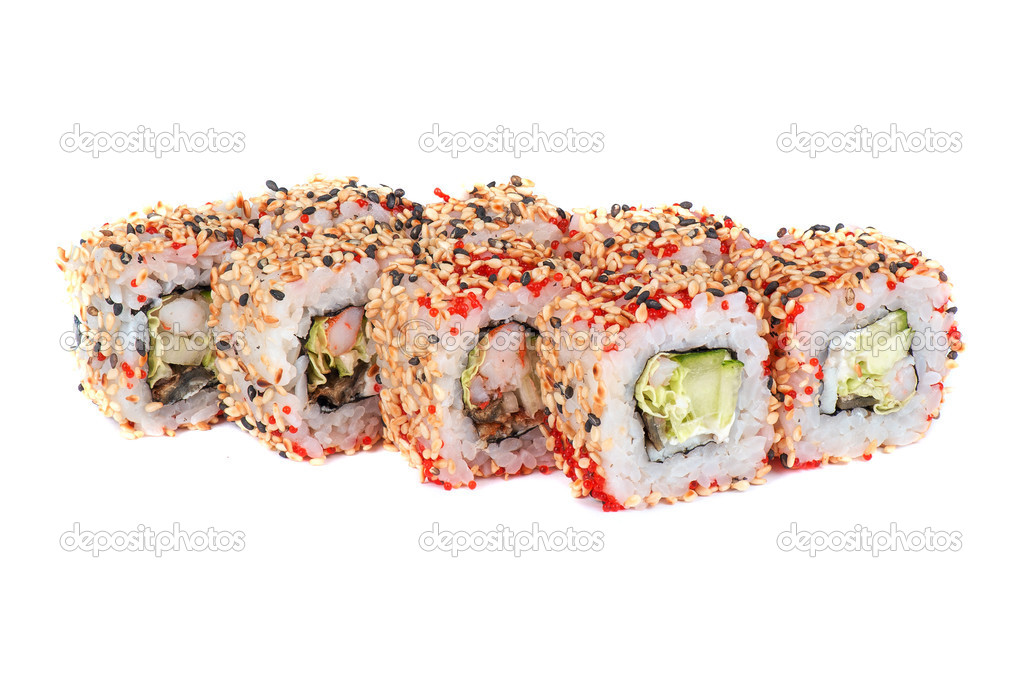 Sushi rolls with sesame avocado and shrimp