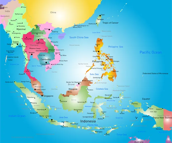 Mappa del sud-est asiatico — Vettoriale Stock