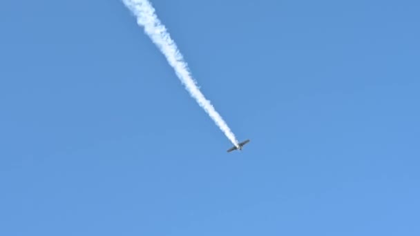 Petit avion volant au-dessus du ciel bleu — Video