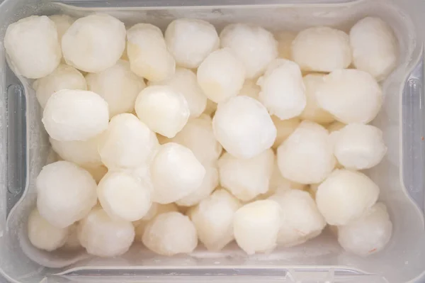Frozen scallop in fridge at the fish market. — Stock Photo, Image