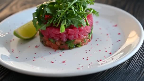 Salmon segar dan tartare tuna — Stok Video