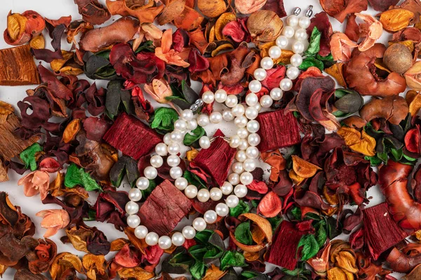 Pearl jewelry on dry flowers — Stock Photo, Image