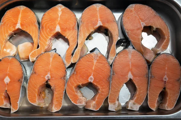 Salmon steaks fish closeup in a market — Stock Photo, Image