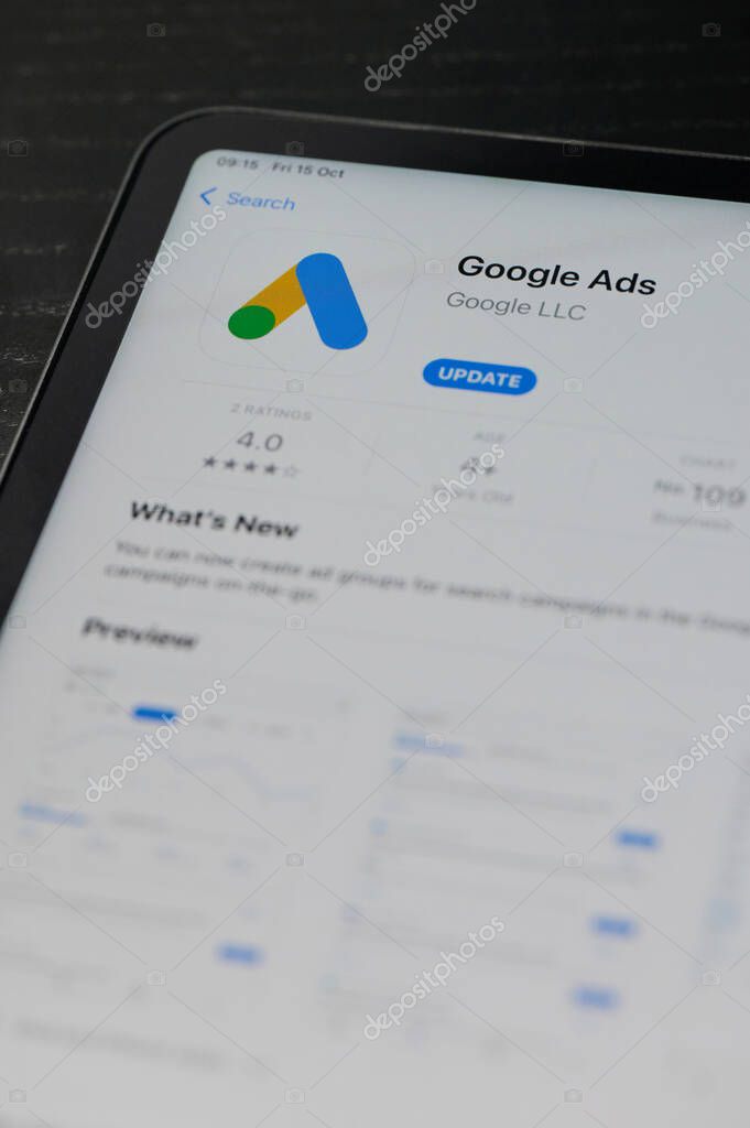 New york, USA - October 15 2021: Install google ads app on smartphonescreen close up view
