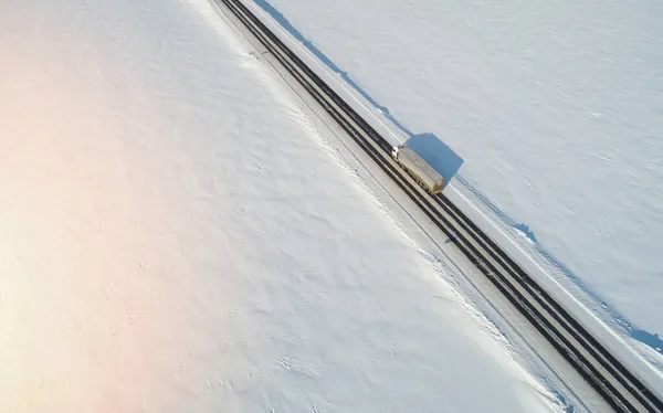 Truck Carry Cargo Winter Snow Landscape Aerial Drone View — Stock Photo, Image