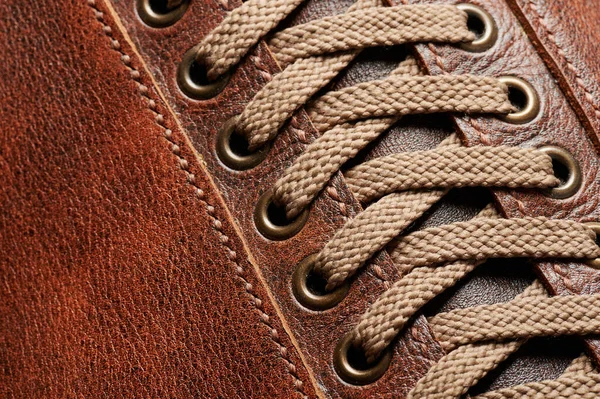 Shoe Lace Brown Leather Background Macro Close View — Stock Photo, Image