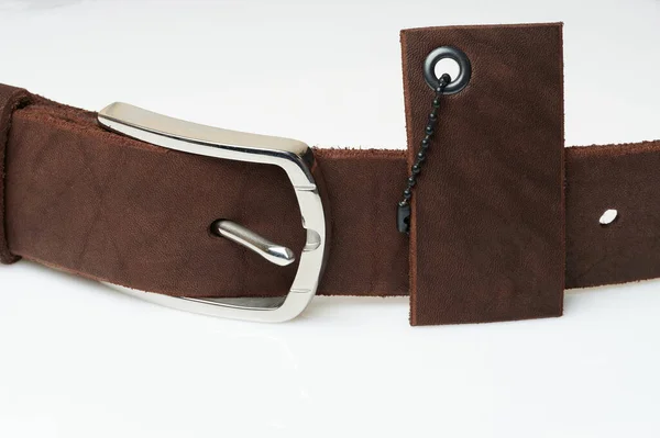 Fibbia Metallo Cintura Pelle Colore Marrone Con Etichetta Isolata — Foto Stock