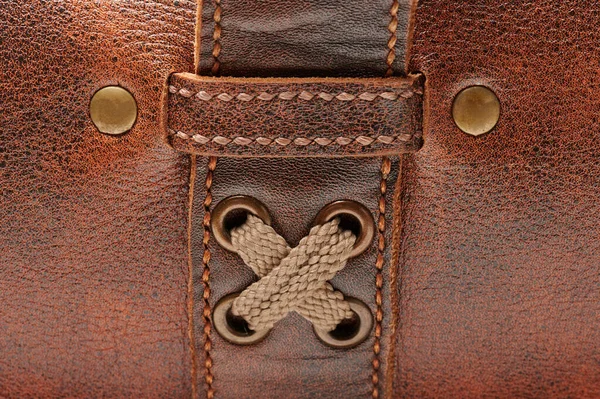 Cloth Buckle Lock Brown Leather Macro Close View — Foto Stock