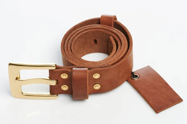New Beige Color Leather Belt Isolated White Studio Background — Stock fotografie
