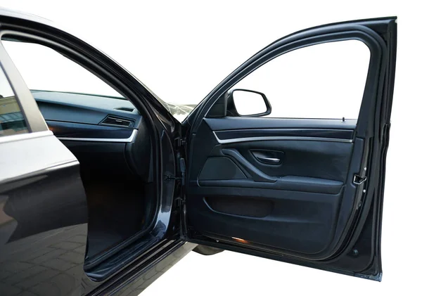 Otwarte Drzwi Samochodu Osobowego Czarnym Sedanie Skórzanym Wnętrzem — Zdjęcie stockowe