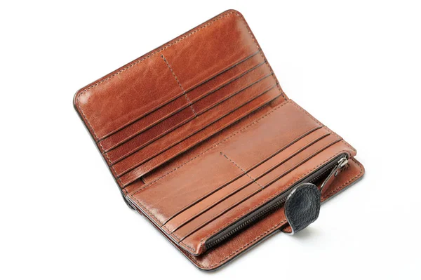 Open Brown Leather Wallet Purse Isolated White Studio Background — Stock Photo, Image