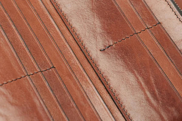 Stitch Decoration Brown Leather Surface Macro Close View — Stock Photo, Image