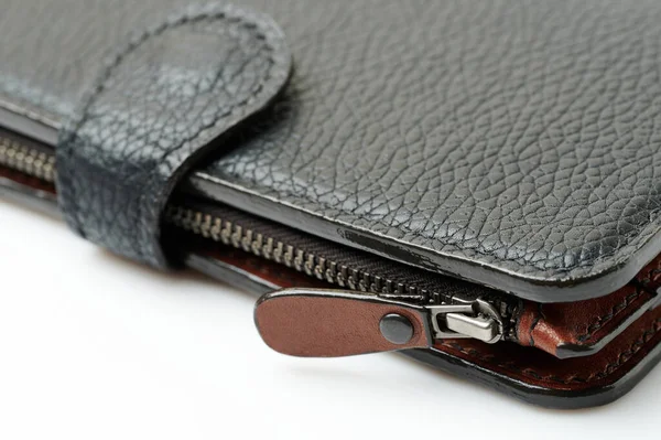 Leather Wallet Closed Zipper Macro Close View Isolated — Stock Photo, Image