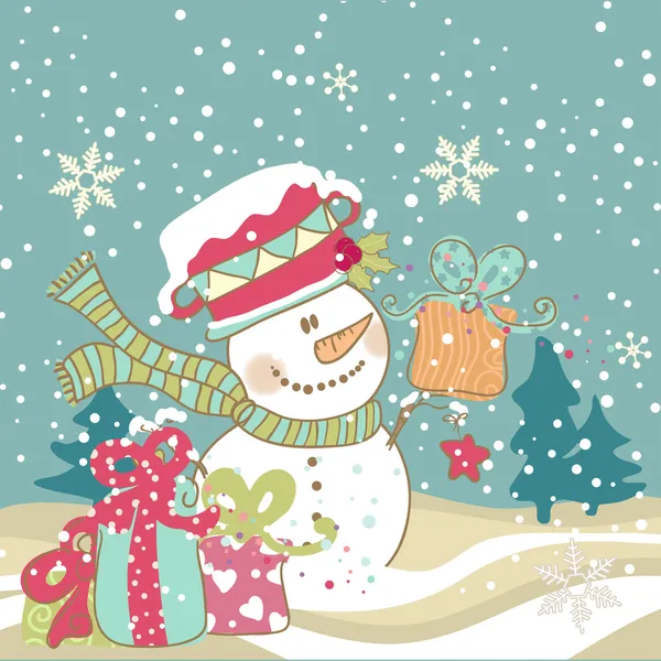 Snowman with gifts — Stock Vector