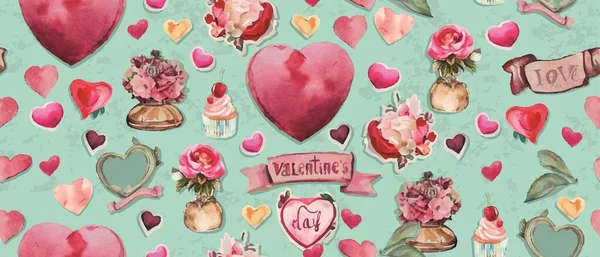 Бесшовный Валентинов День Романтическими Элементами Стиле Акварели — стоковый вектор